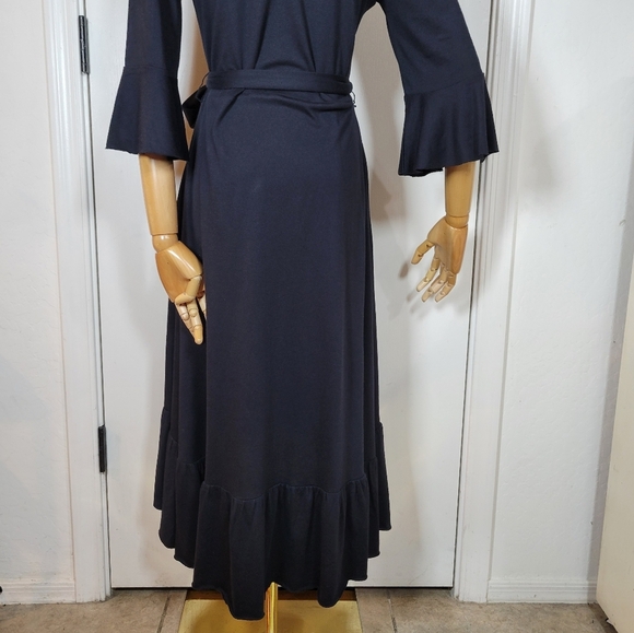 Soft Surroundings Black V-Neck Tie Waist Ruffle Hem Midi Dress XSP - Picture 9 of 11